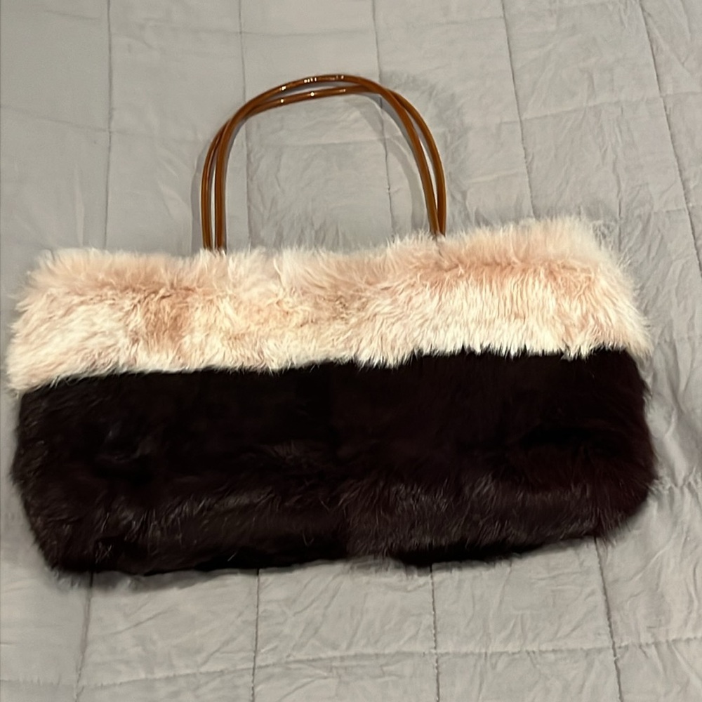 2 tone faux rabbit hair. Brown and Cream color. Excellent condition